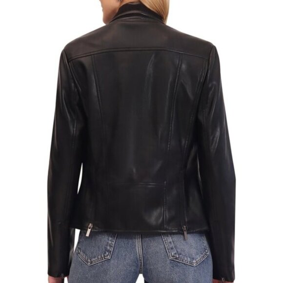 Bagatelle Collection Medium Drape FAUX Leather Jacket in Black and Dark Gray - Picture 2 of 11